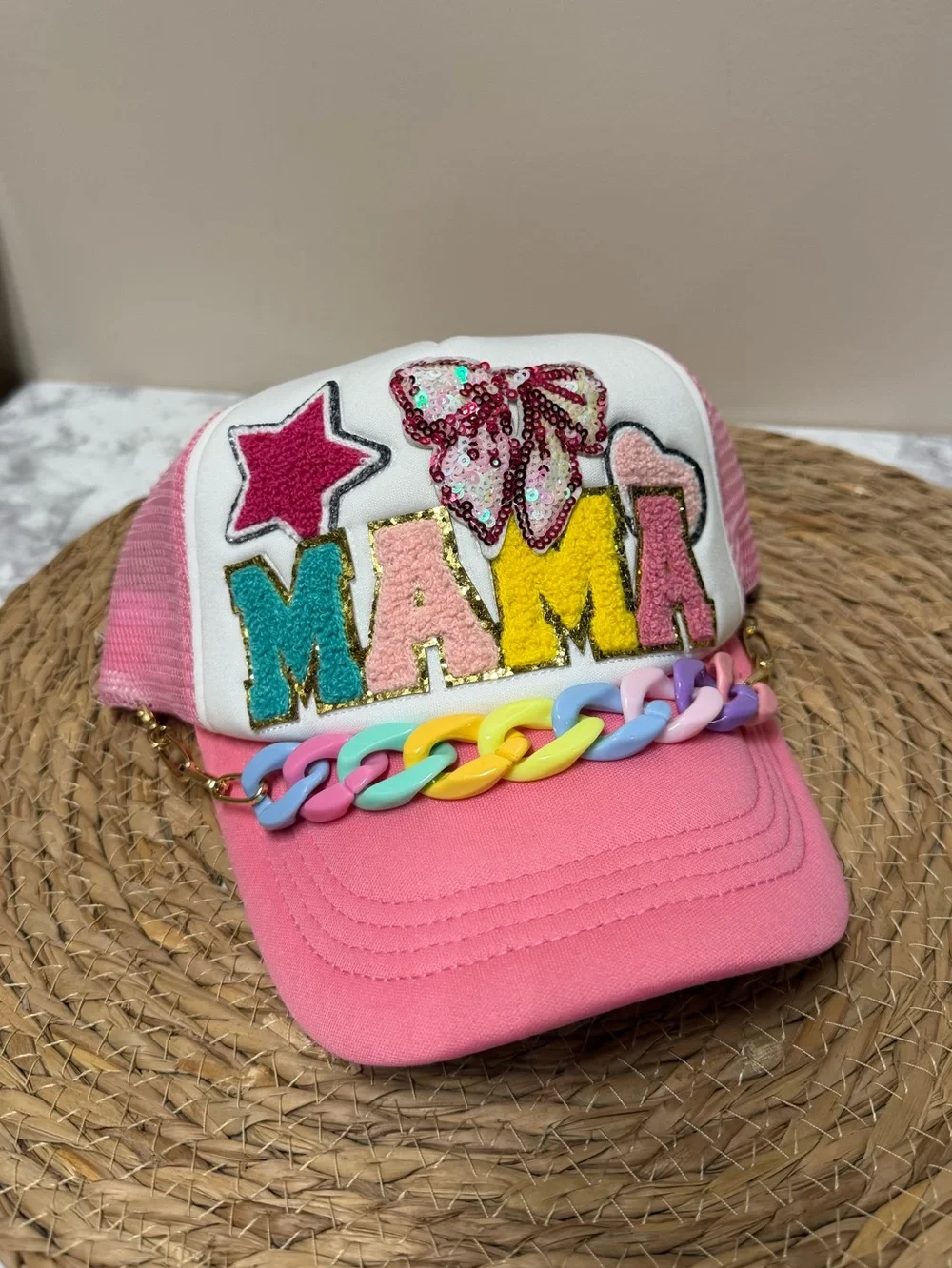 Simply Southern Pink 'MAMA' Patch Trucker Hat with Pastel Chain